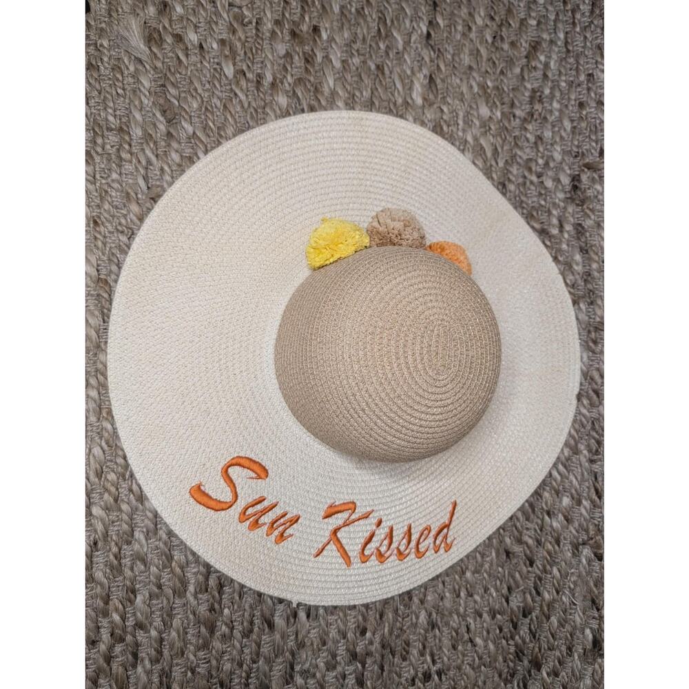 Summer "Sun Kissed" Straw Sun Hat Beach Vacation Wide Brim Poms Magid Hats